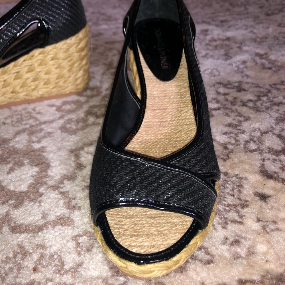 Black linen/jute open toe sandal w/ wedge heel.